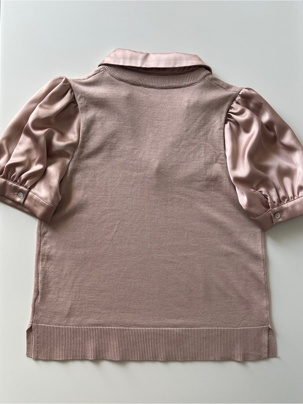 Cynthia Rowley Blush Pink Mixed Media Sweater Top Satin Puff Sleeve M - Picture 3 of 13